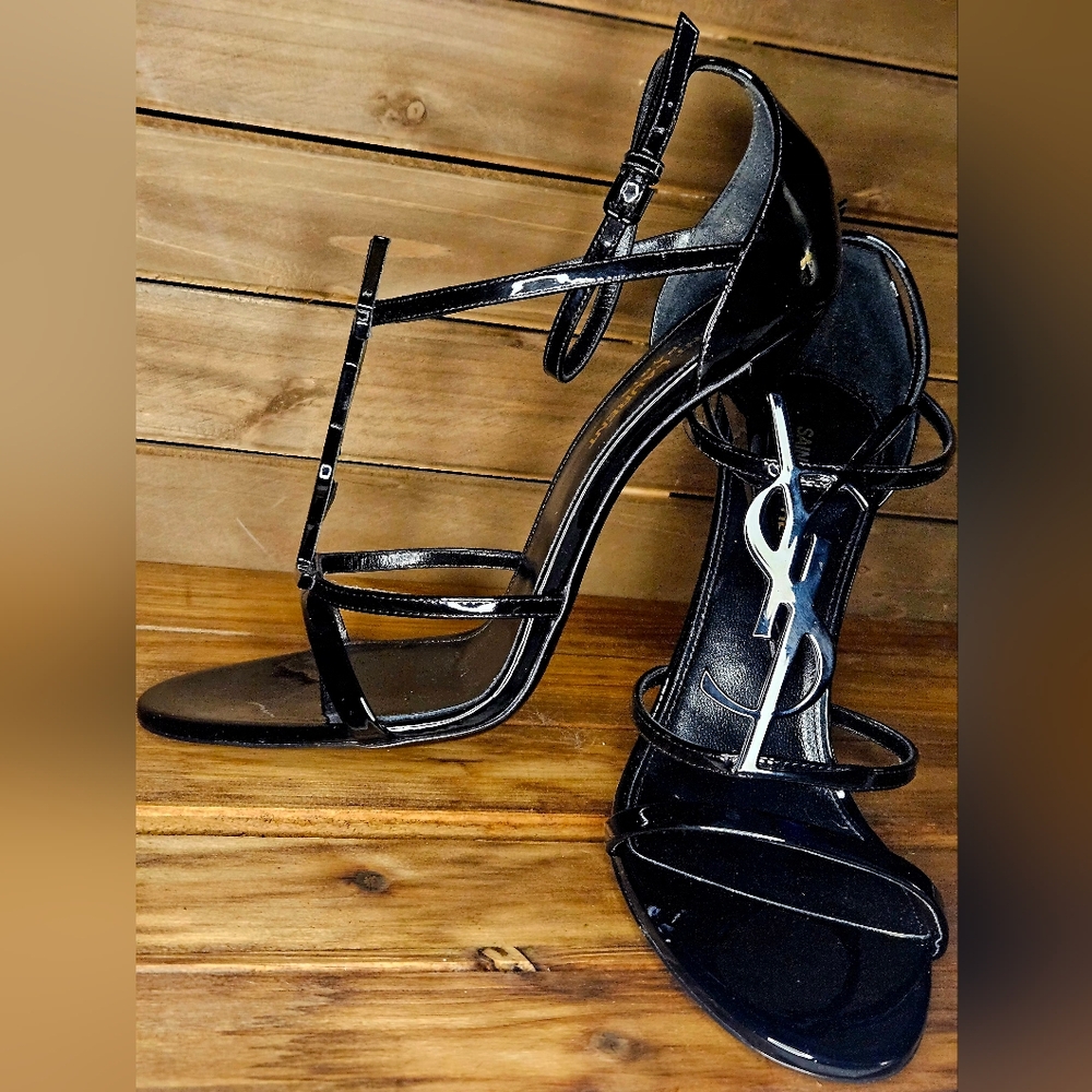 Yves Saint Laurent Black Patent Strappy Heels